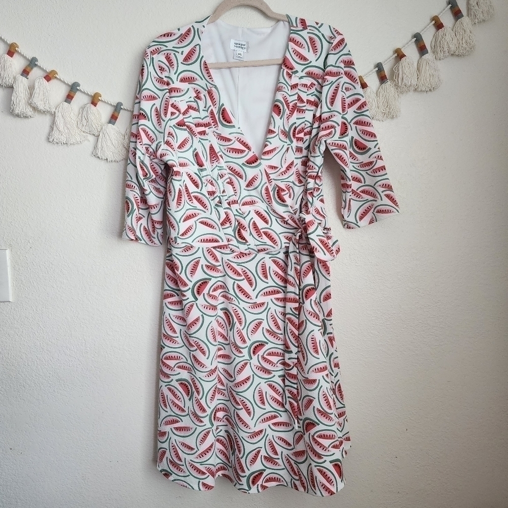 Unique Vintage Watermelon Wrap V-neck Midi Flowy Skater Dress Pinup Novelty 4x